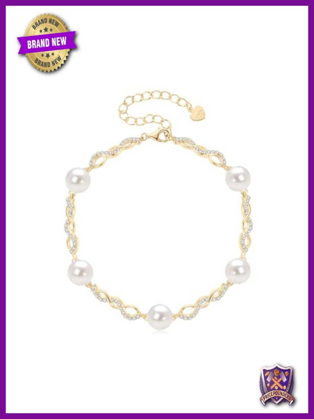 Gold Plated Pearl Infinity Bracelet 8mm Freshwater Cultured with Cubic Zirconia